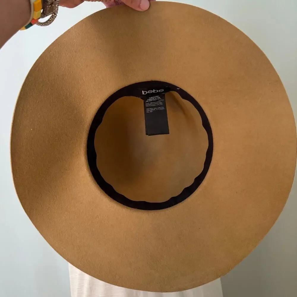 bebe - 100% Wool Tan Floppy Hat with Feather Accents Size: OS